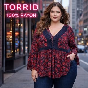 Torrid 100% Rayon Red & Navy Floral Crochet Trim Peplum Boho Top Plus Size